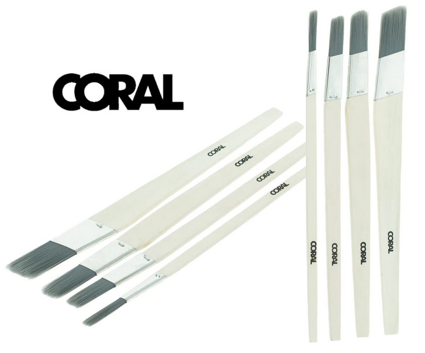 Coral Precision Angled Lining Fitch Paint Brushes with Platinum Easy Clean Filaments 4 piece set